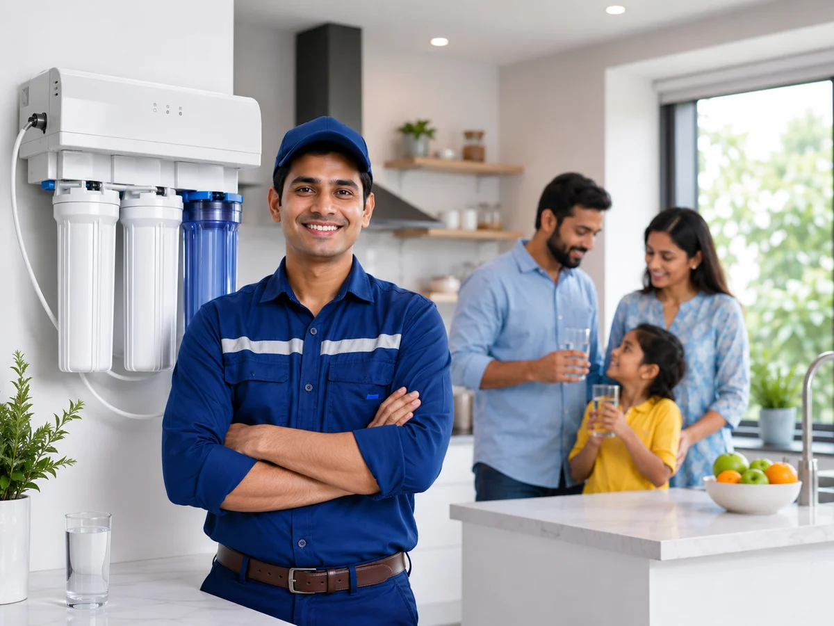 Professional RO technician standing in modern kitchen