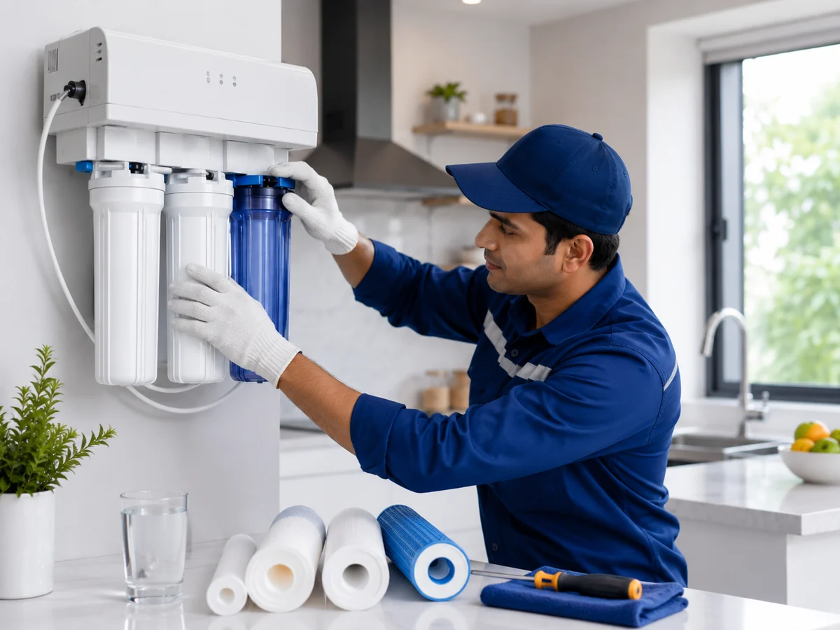 Technician working on RO water purifier service